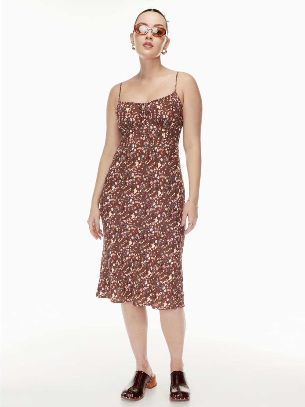 Wilfred Brown Floral Smocked Top Midi Dress